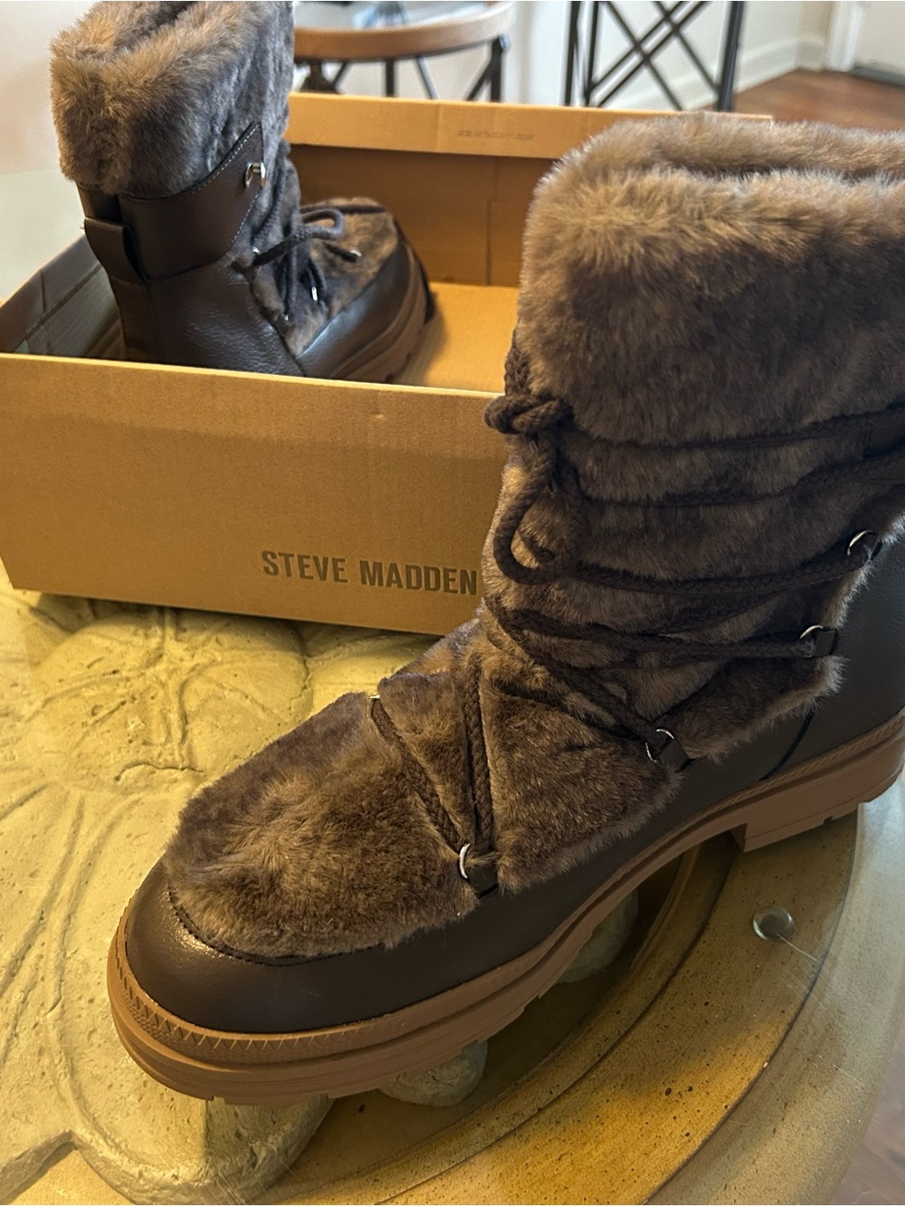 Steve Madden Brown Faux-Fur Lace-Up Winter Boots
